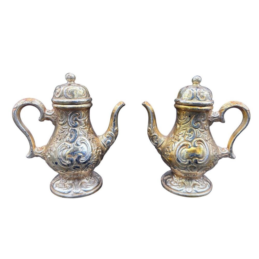 Vintage Silverplate Ornate Baroque Miniature Teapot Salt & Pepper Shakers Patina
